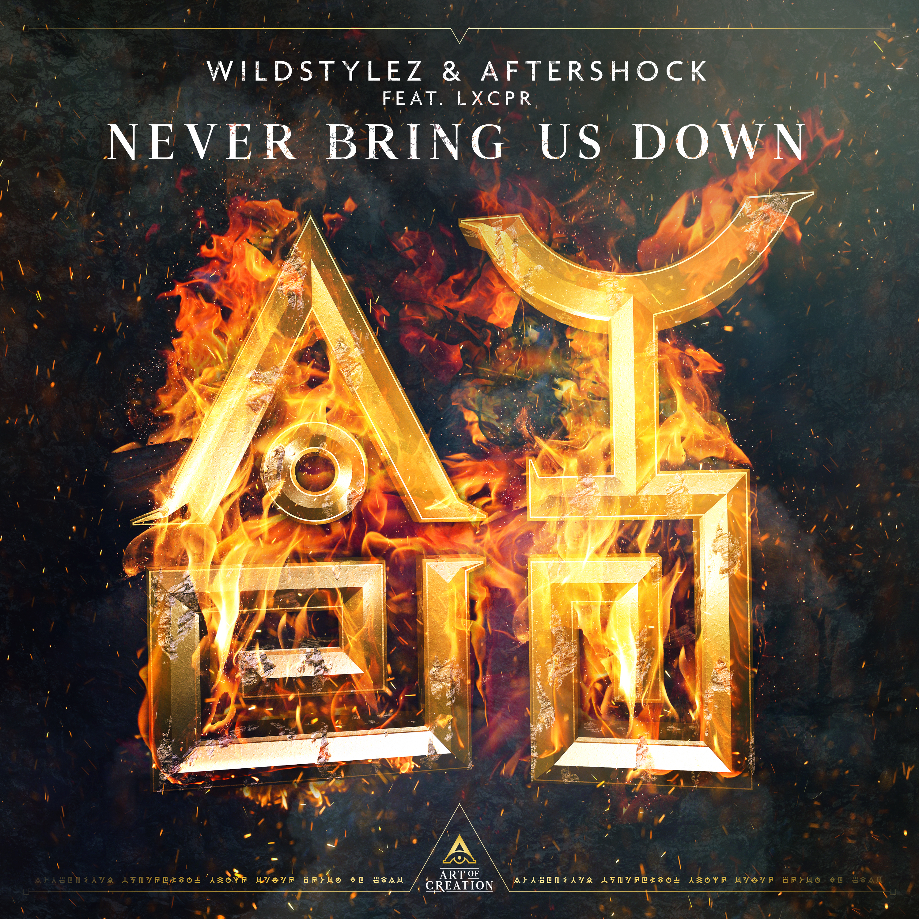 Wildstylez & Aftershock ft. featuring LXCPR Never Bring Us Down cover artwork